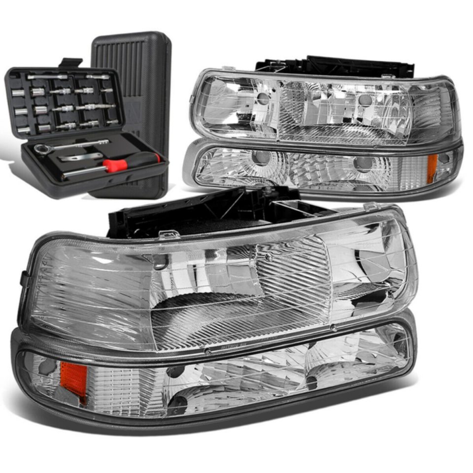 Stainless Steel 1999-2002 Chevy Silverado Chrome/Amber Side Headlight Bumper Lamps+Tool Box
