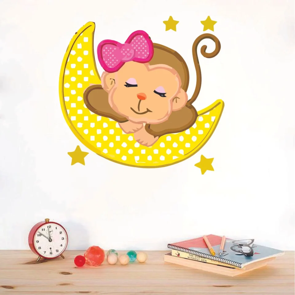Premium Baby Cute Monkey and Banana Zoo Animal Cartoon Character Wall Art Decal Vinyl Sticker Girls Boys Room Bedroom Nursery Kindergarten House Fun Home Decor Removable Adhesive Vinyl Sticker 40x20 inch