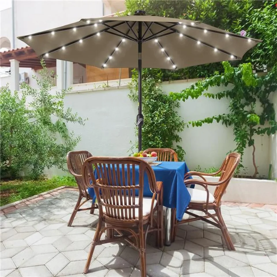 Supreme Office SANLUCE 9 ft. Solar Lighted LED Outdoor Patio Market Table Umbrella in Taupe, UV-Resistant Canopy and Tilt Button