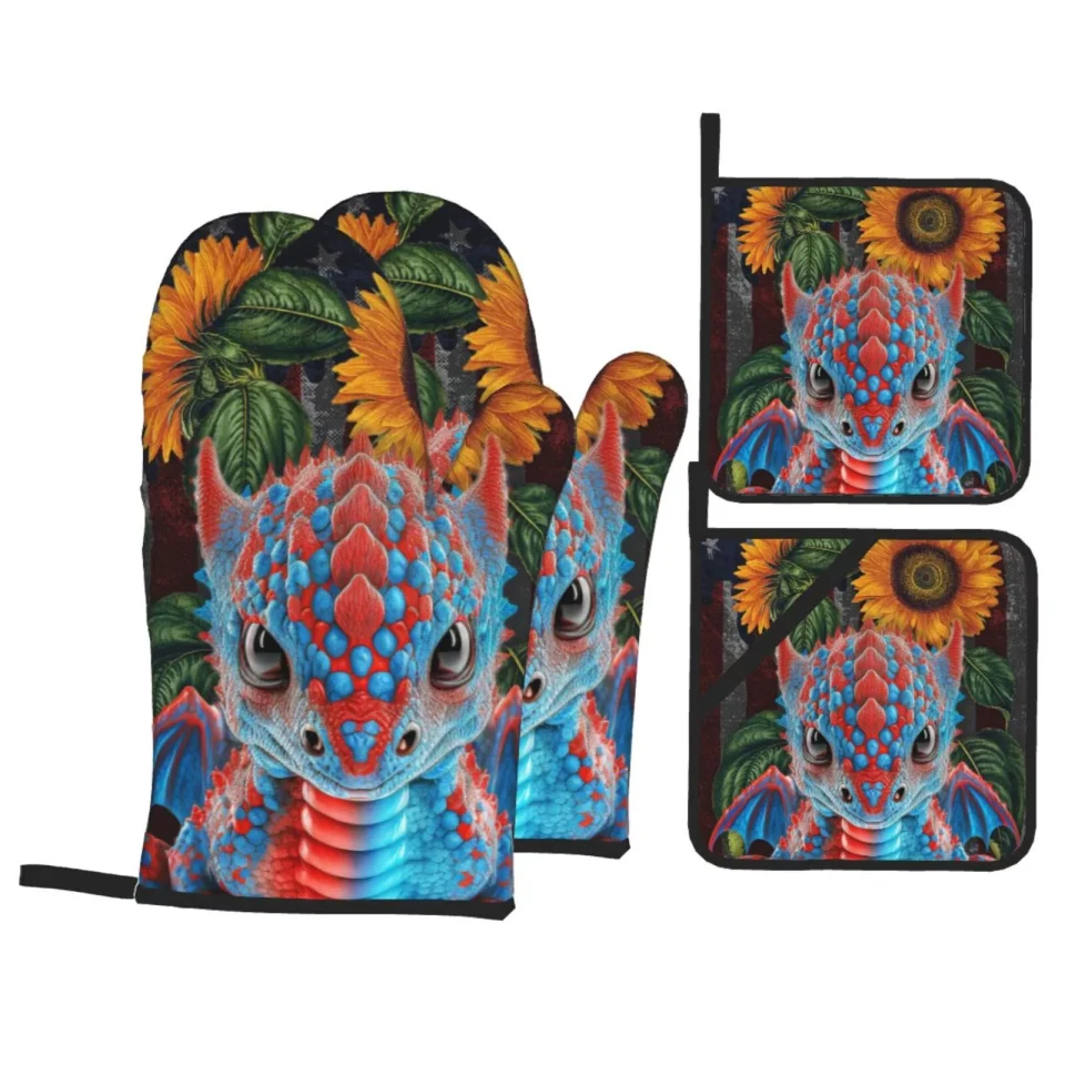 Storage XMXT Waterproof Oven Mitts and Pot Holders Sets, Vintage Sunflower Dinosaur Print Sets Kitchen Cooking Heat Resistant, 4 Pcs