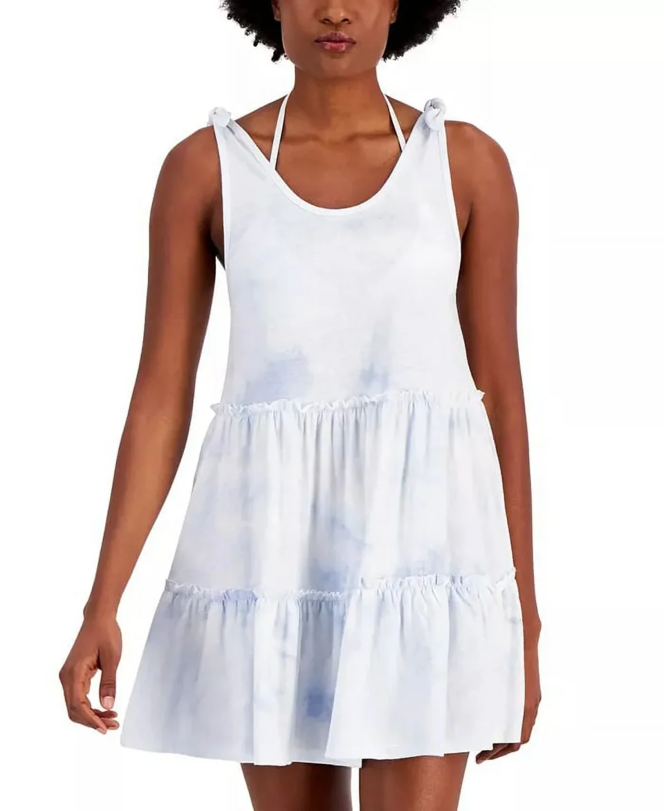 Essential Supreme Miken Women's Cotton Tie Dye Print Tiered Dress Swimsuit White Size X-Small