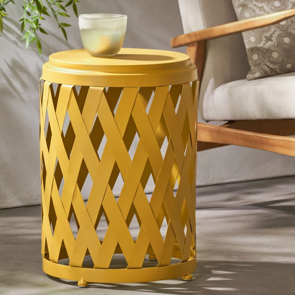 Baking Aubriella Outdoor 14 Inch Diameter Iron Side Table, Matte Yellow