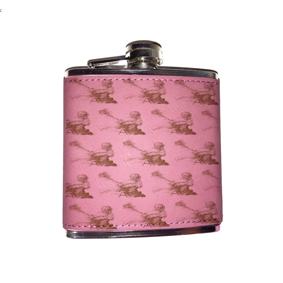 Wooden KuzmarK Pink Leather Flask - Lacrosse Pattern Art