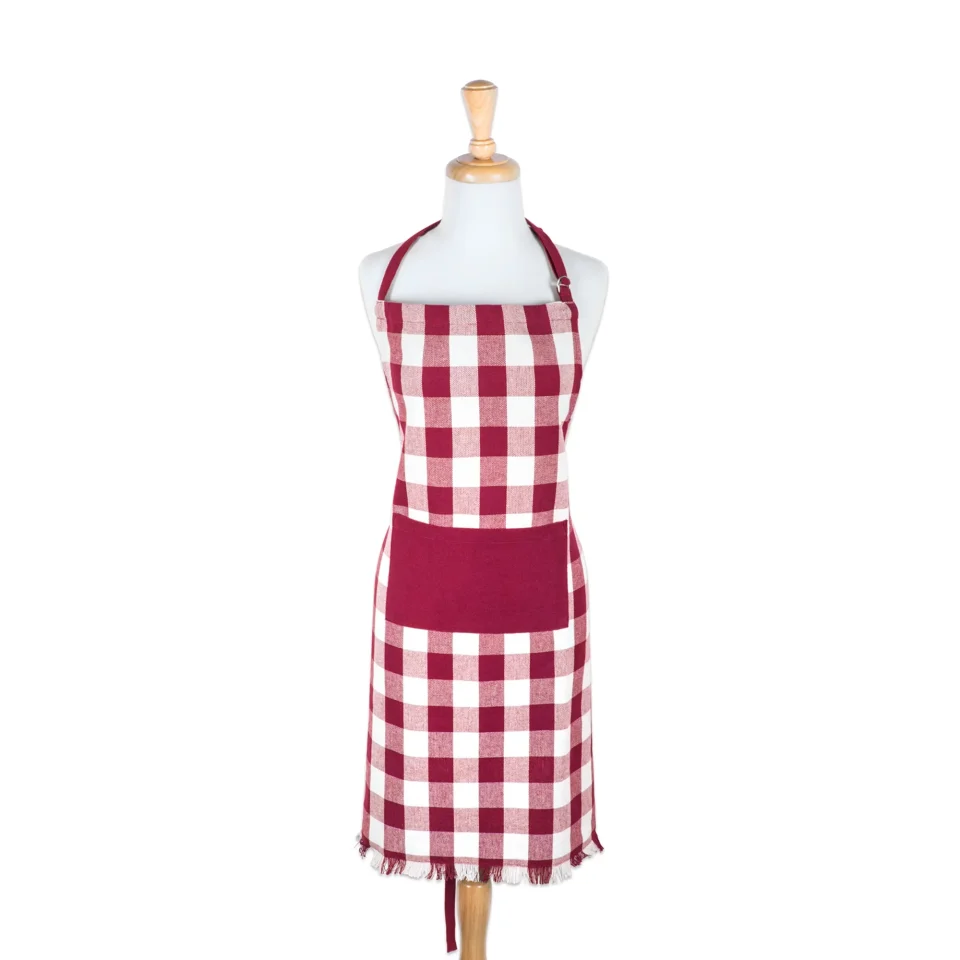 Bamboo Dining CC Home Furnishings 32 Wine Red and White Checkered Adjustable Heavyweight Fringe Chef Apron with