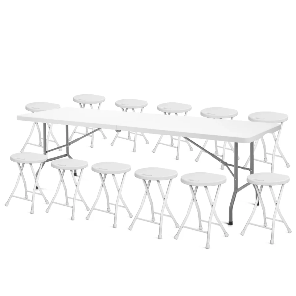 Non-Toxic Magshion 13 Pieces 8 FT Folding Table and Chair Set, Fold-in-Half Picnic Desk with Steel Legs and Foldable Stools for Camping, White