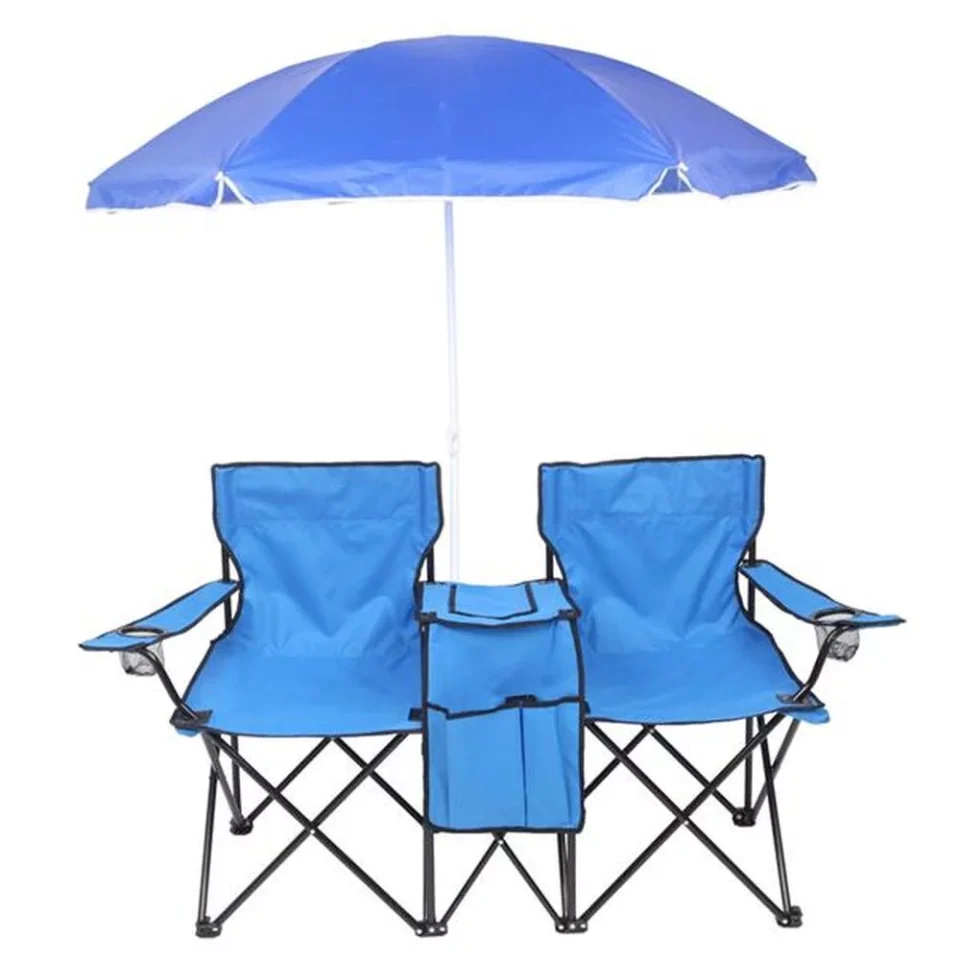Non-Toxic Portable Folding Picnic Double Chair With Removable Umbrella Table Cooler Beach Camping Chair Blue