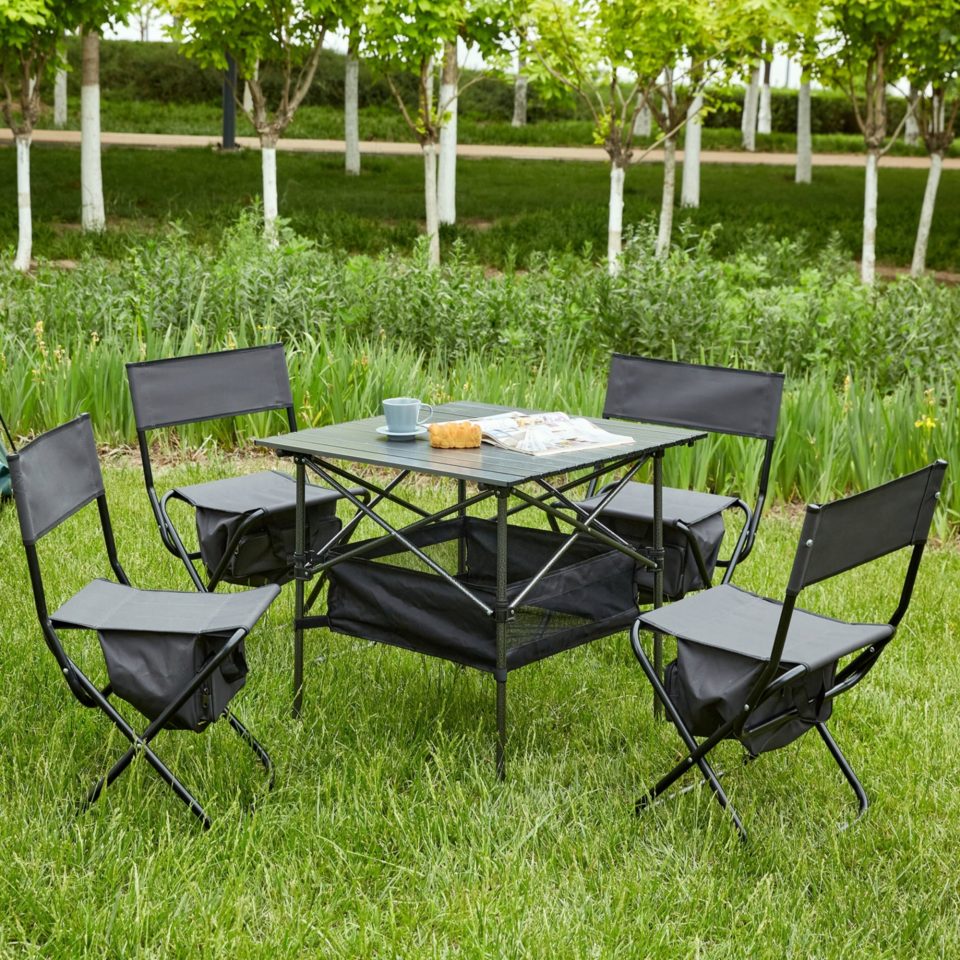 Ultimate Set of 5, Folding Outdoor Table and Chairs Set for Indoor, Outdoor Camping, Picnics, Beach,Backyard, BBQ, Party, Patio, Black/Gray