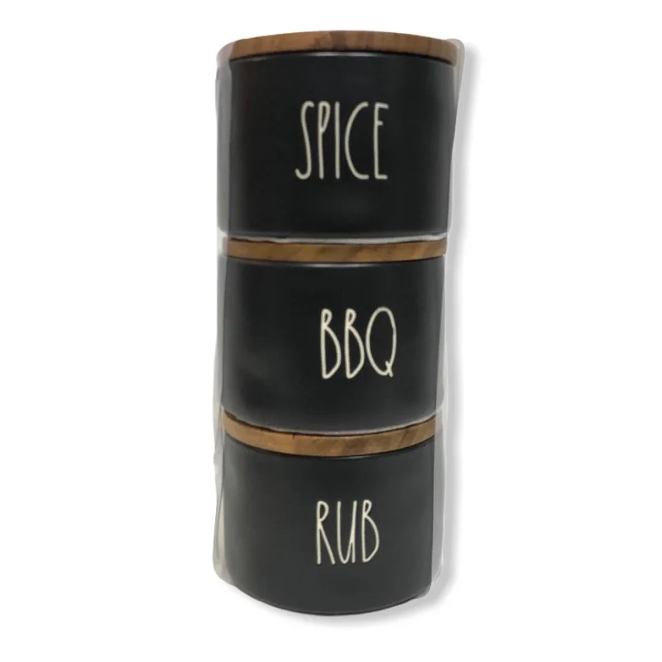 Multi-Purpose Easy-Clean Rae Dunn SPICE BBQ RUB Stackable Black Cellars w/ Wooden Lids