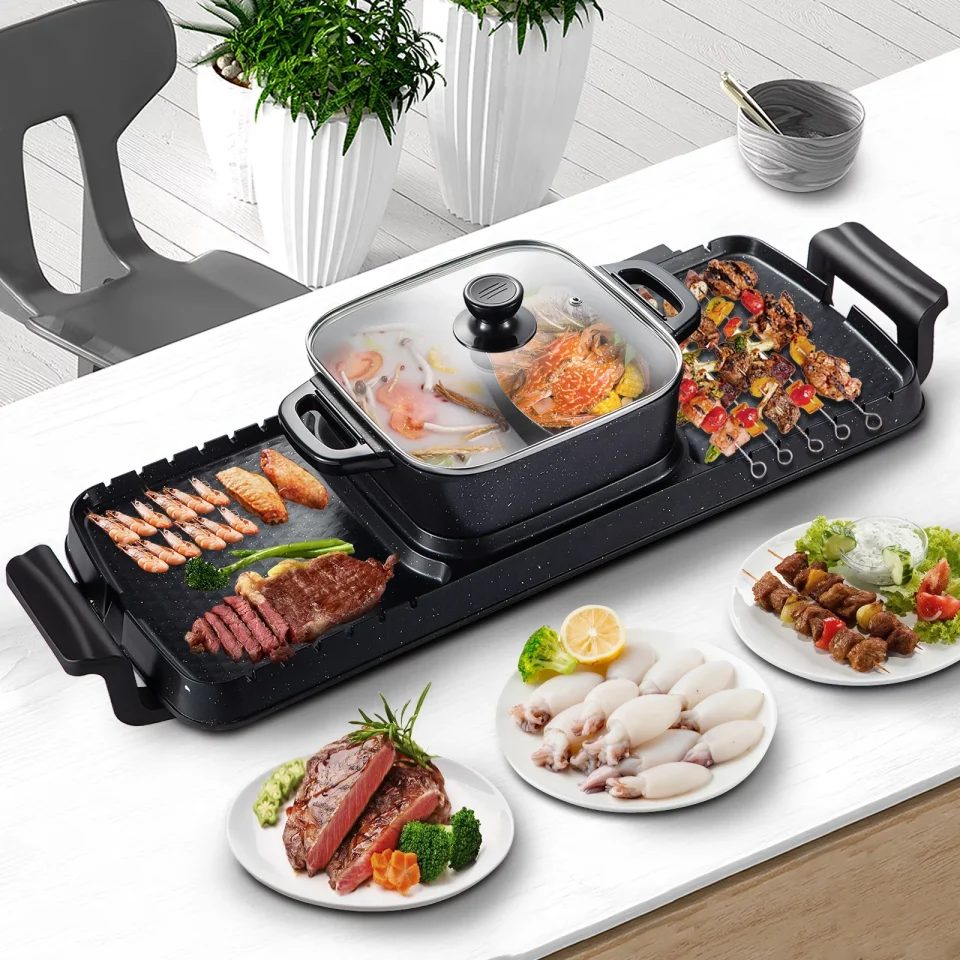 Baking BENTISM 2 in 1 Electric BBQ Pan Grill Hot Pot Portable Hot Pot BBQ Grill 2400W