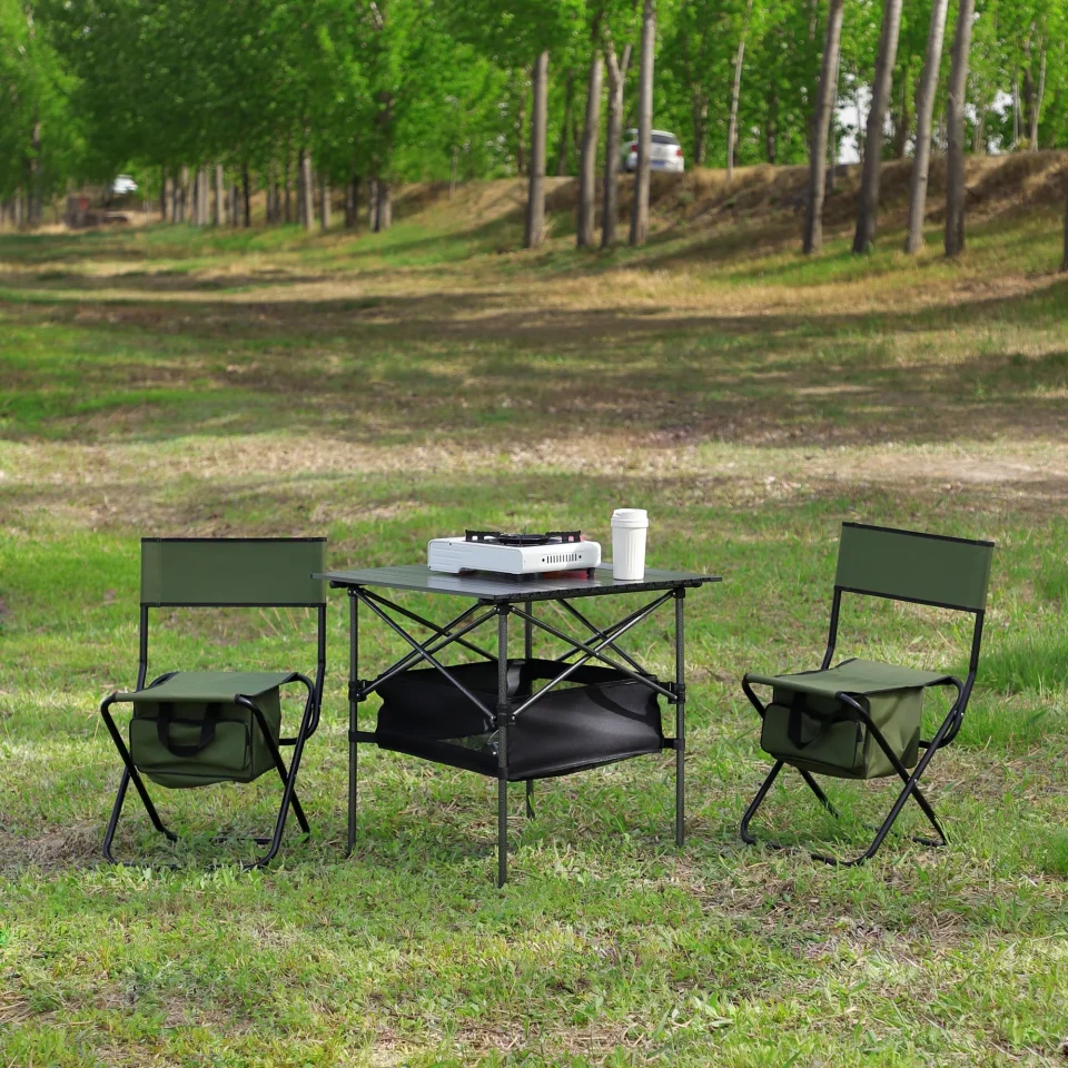 Home Set of 3, Folding Outdoor Table and Chairs Set for Indoor, Outdoor Camping, Picnics, Beach,Backyard, BBQ, Party, Patio, Black/Green