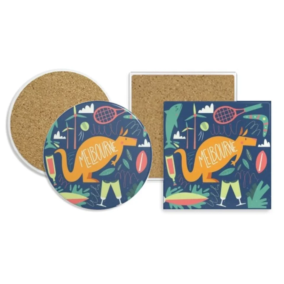 Healthy Melbourne Australia Kangaroo Tennis Surfing Coaster Cup Mug Holder Absorbent Stone Cork Base Set