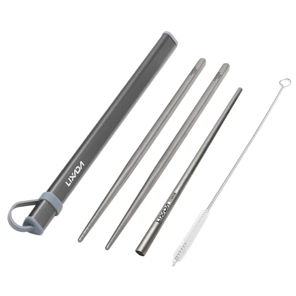 Pure Lixada Camping Cutlery Set Titanium Chopsticks Drinking Straw Cleaning Brush with Aluminum Storage Tube Case for Outdoor Traveling