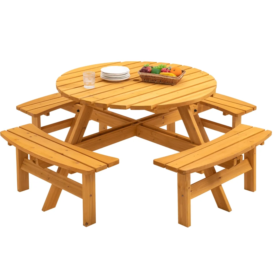 Premium Easy-Clean Holaki 8-Person Wooden Picnic Table, Outdoor Camping Dining Table with Seat, Garden, DIY w/ 4 Built-in Benches, 2220lb Capacity - Natural