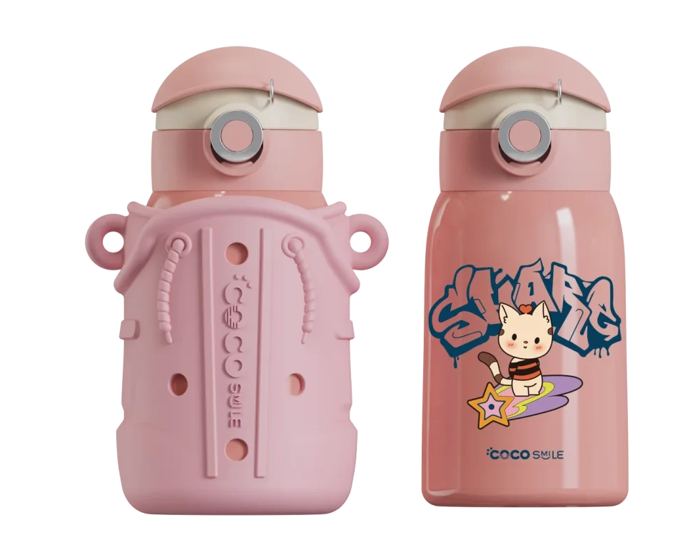 Thickened Coco Cap Fun Charm Straw Thermos Cup With Sleeve (Pink)