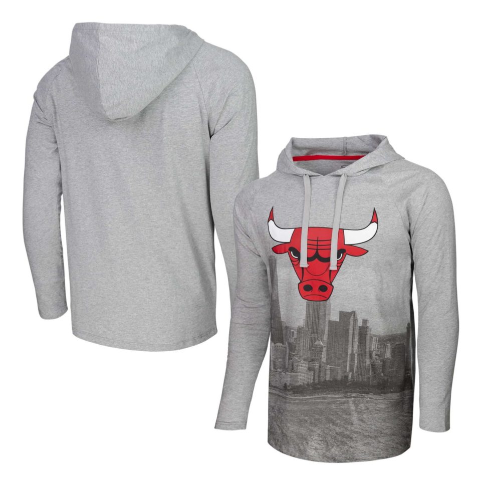 Silicone Thickened Men's Stadium Essentials Heather Gray Chicago Bulls Atrium Raglan Long Sleeve Hoodie T-Shirt