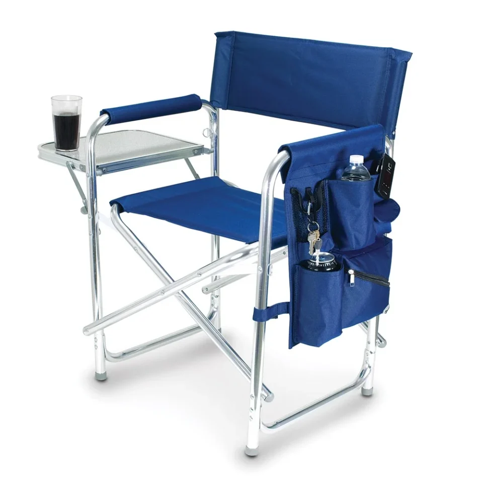 Best-Selling Lightweight Aluminum Frame Blue Sports Chair with Side Table Storage Pocket Arm Rest and Carry Bag QGM5662