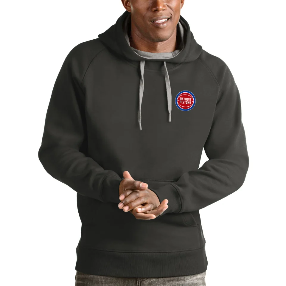 Versatile Men's Antigua Charcoal Detroit Pistons Victory Pullover Hoodie