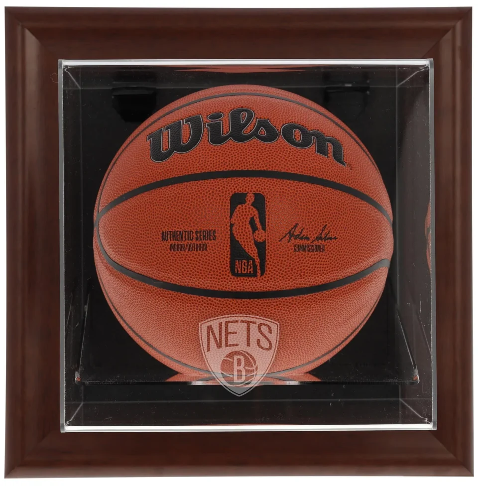 Essential Upgraded NBA Brooklyn Nets Brown Framed Wall-Mounted Basketball Display Case